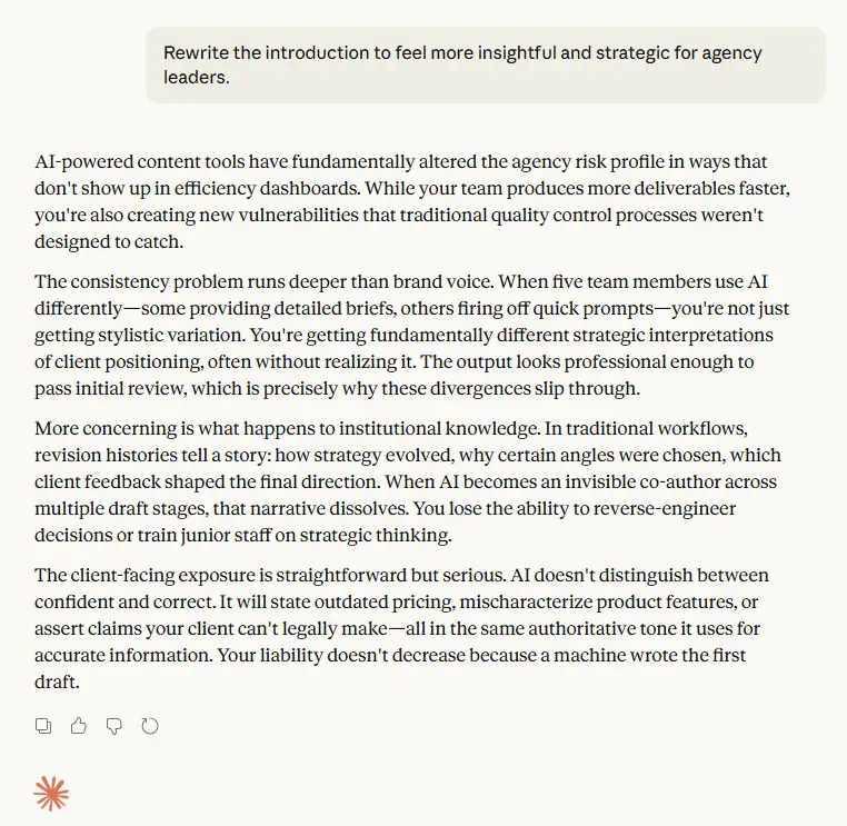 AI content introduction for agency leaders outlining organizational risk, consistency challenges, and client-facing accountability.