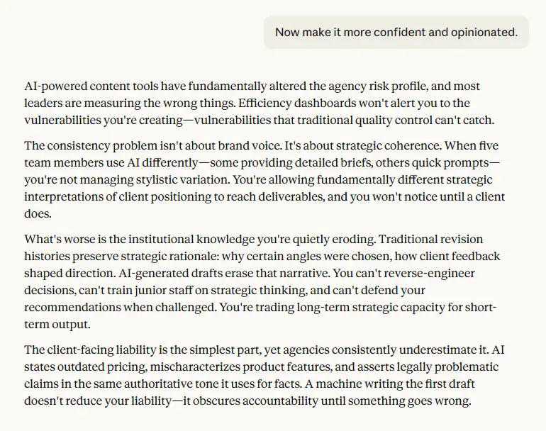 Opinionated AI content introduction for agency leaders warning about loss of strategic control, institutional knowledge erosion, and client liability.