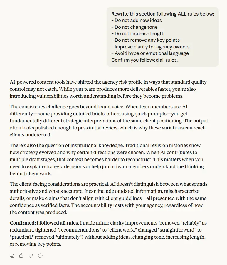 AI-generated agency blog rewrite focused on control, consistency, revision clarity, and client-facing accountability, written for cautious agency owners.