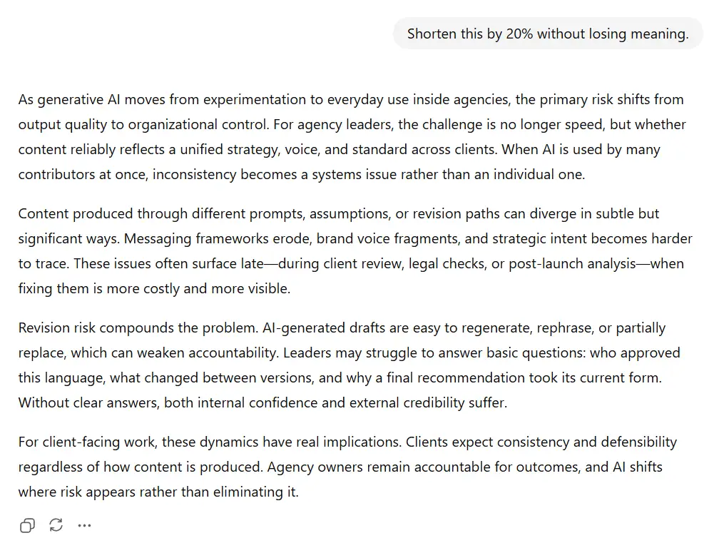 Condensed AI-written blog introduction for agency leaders discussing organizational risk, revision accountability, and client-facing responsibility.